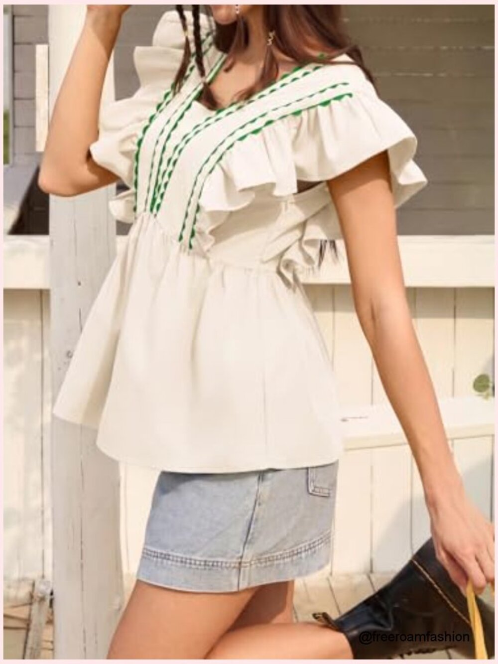 V-Neck Babydoll Peplum Top with Ruffle Cap Sleeves - Picture 4 of 7